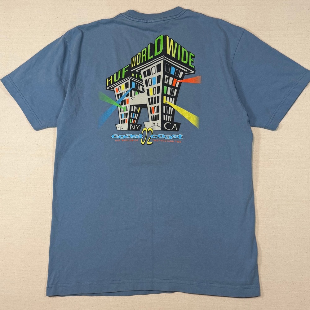 HUF Worldwide Coast to Coast Graphic T-Shirt Blue Mens Medium NY CA Skate